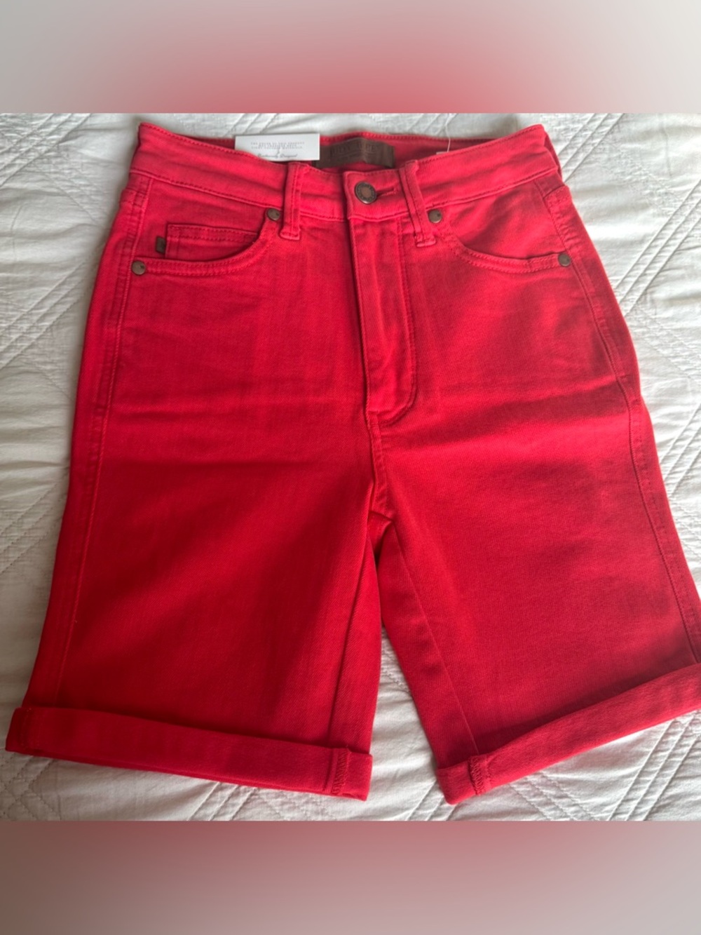 💙New- Judy Blue Garment Dyed Red Relaxed Denim Shorts- Americana Ready❤️